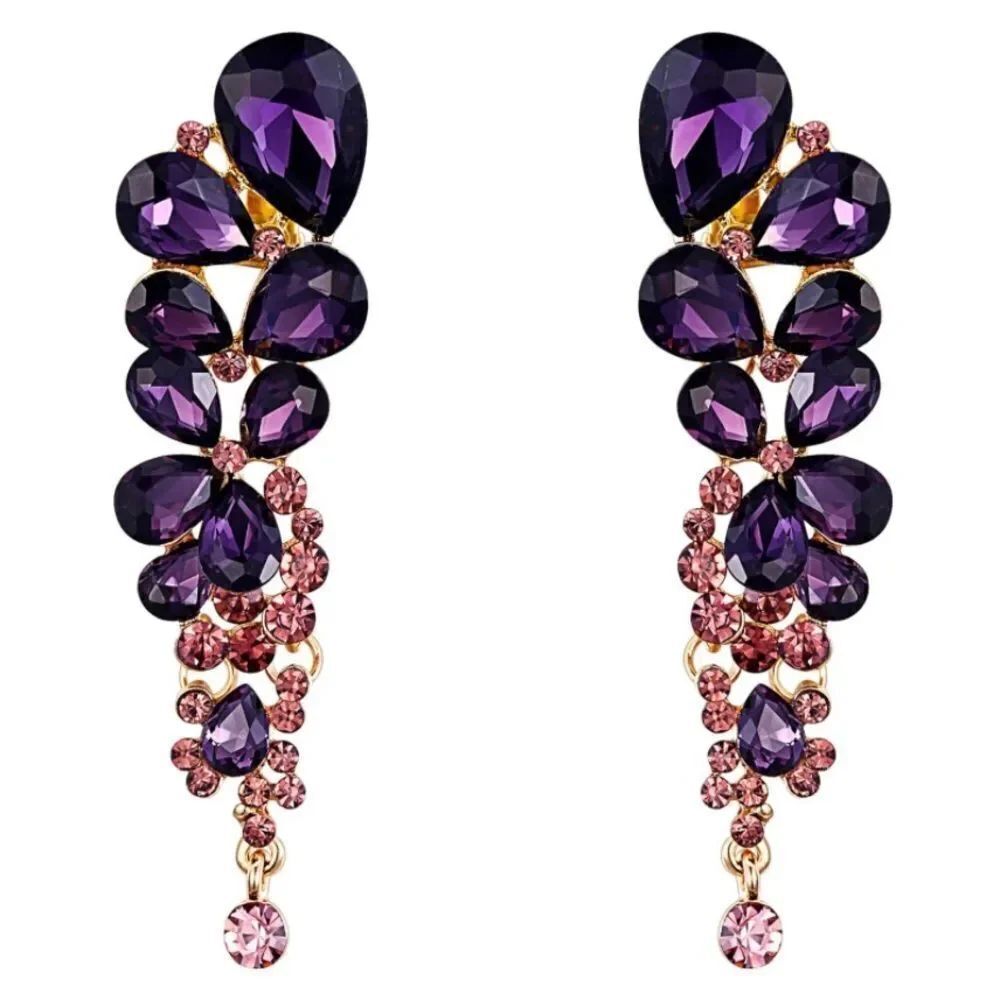 Yellow Gold with Amethyst Austrian Crystal Chandelier Statement Clip On Earrings